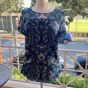 INC International Concepts Teal Paisley Mesh Top with Gathered Sides XXL